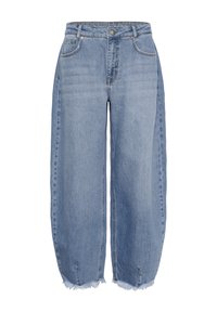 Lyseblå jeans med vide ben lavet af denim, med høj talje, frynset kant og traditionelt fem-lomme design med metalbeslag.