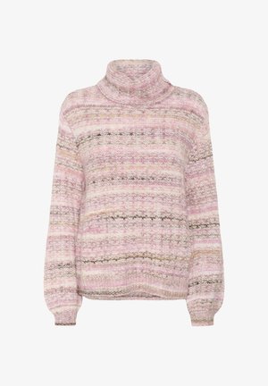 Pinti megztinis su aukštu kaklu pastelinių rožinės spalvos atspalvių, su daugiaspalvėmis juostelėmis. Savybės: raukiniai ant rankovių ir apatinio krašto, švelni tekstūra ir laisvas siluetas.