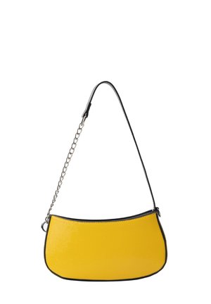 Kollane kunstnahast kott kaarjas kujuga, mustade äärte ja kettnööriga rihmaga. Sile tekstuur koos peente terade detailidega.