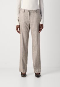 Light brown plaid trousers with a straight-leg cut, featuring subtle vertical stripes and a single button waist closure.