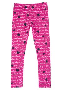 Leggings roses avec un motif répétitif de texte en cursive en blanc et cœurs noirs. Fabriqués dans un tissu doux et extensible, avec une taille élastique.