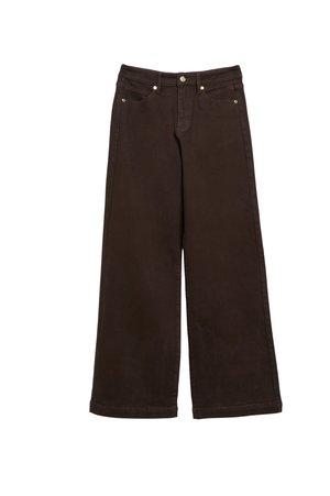Pantalon large marron foncé avec passants de ceinture, poches avant et fermeture par bouton à la taille, présenté sur fond blanc.