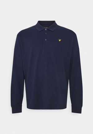 Marineblaues Polohemd mit langen Ärmeln aus Baumwolle, mit Kragen, drei Knöpfen und einem gelben Logo auf der linken Brust.