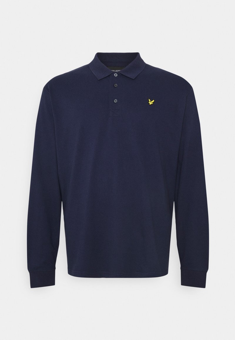 Granatowa koszulka polo z długim rękawem wykonana z bawełny, z kołnierzykiem, trzema guzikami i żółtym logo na lewej piersi.