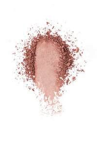Blush in polvere in una morbida tonalità rosata, con una texture liscia e particelle fini, circondato da grumi irregolari di prodotto.