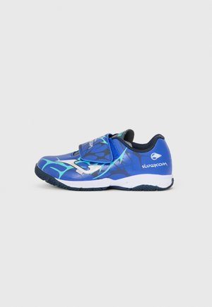 Blue athletic shoe with a dynamic design, featuring swirling teal patterns, a Velcro strap, and a textured rubber sole for grip.