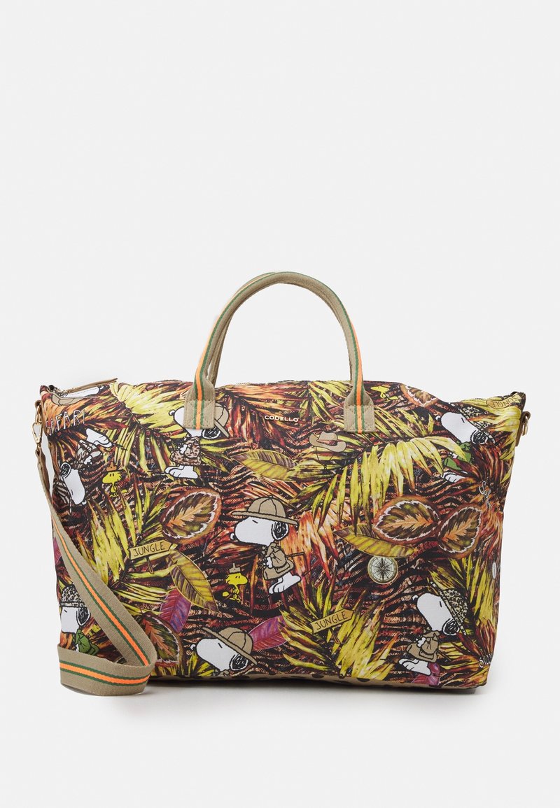 Kangaskassi kirkkaan viidakon kuviolla, jossa on sarjakuvahahmoja, kaksinkertaiset kahvat ja irrotettava raidallinen olkahihna.