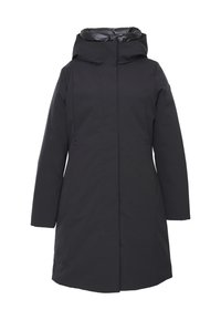 Cappotto impermeabile nero con cappuccio, taglio dritto, maniche lunghe e tasche laterali con zip. Tessuto liscio con una finitura opaca.