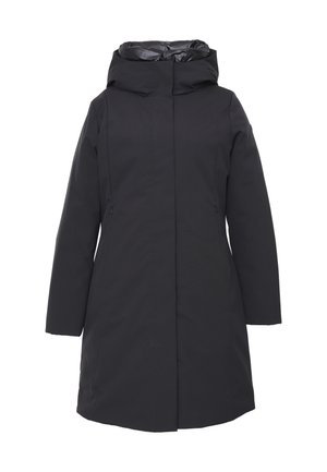 Cappotto impermeabile nero con cappuccio, taglio dritto, maniche lunghe e tasche laterali con zip. Tessuto liscio con una finitura opaca.