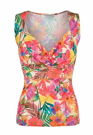 Top sin mangas con estampado floral, escote en V profundo, flores vibrantes en tonos rosa, naranja, amarillo y púrpura, y hojas tropicales verdes sobre un fondo blanco.