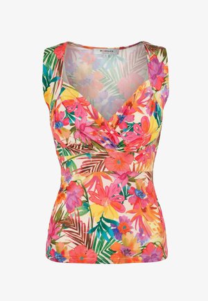 Top sin mangas con estampado floral, escote en V profundo, flores vibrantes en tonos rosa, naranja, amarillo y púrpura, y hojas tropicales verdes sobre un fondo blanco.