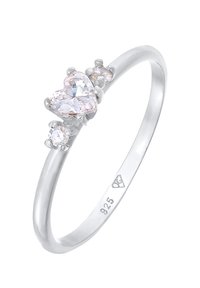 Silver ring featuring a heart-shaped pink gemstone and two smaller clear stones, smooth band, marks indicating 925 silver content.
