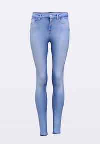 Svetlo modre ozke kavbojke iz jeansa. Imajo visok pas, pet žepov in rahlo bledenje s gladko teksturo.