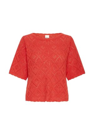 Haut court en crochet rouge à manches courtes avec motif en losange, col rond et bords festonnés aux manches et à l'ourlet.