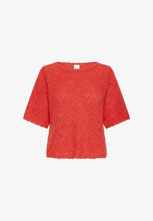 Rood gehaakt truitje met korte mouwen, diamantpatroon, ronde halslijn en geschulpte randen aan mouwen en zoom.
