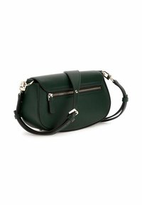 Borsa a tracolla in finta pelle verde con forma curva, cerniera silver sul fronte e tracolla nera regolabile. Texture liscia con accenti minimi.