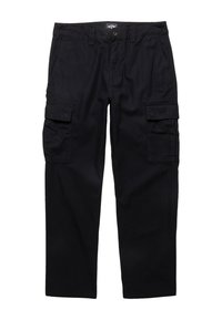 Black cargo pants made of cotton, featuring two side pockets, a button closure, and a straight-leg design. Textured fabric with minimal detailing.