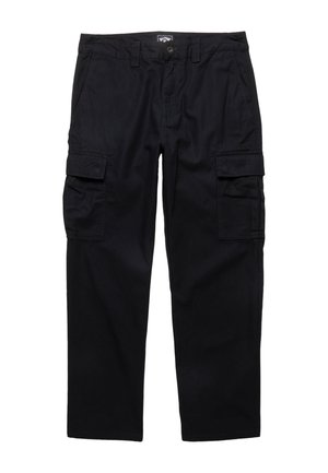 Schwarze Cargohosen aus Baumwolle mit zwei seitlichen Taschen, einem Knopfverschluss und einem geraden Bein. Strukturiert mit minimalen Details.