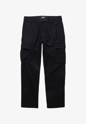 Pantalons cargo noirs en coton, avec deux poches latérales, une fermeture à bouton et une coupe droite. Tissu texturé avec un minimum de détails.
