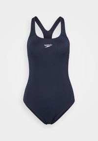 Maillot de bain une pièce bleu marine avec de larges bretelles et un col en scoop. Fabriqué en tissu durable. Présente un logo blanc sur la poitrine.