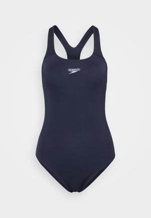 Navy blue one-piece swimsuit with wide straps and a scoop neckline. Made from durable fabric. Features a white logo on the chest.