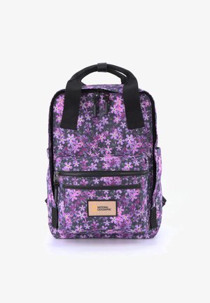 Floral-patterned backpack in purple and black. Features two handles, adjustable straps, and a front zippered pocket with a logo label.