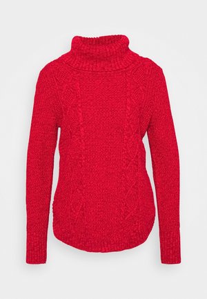 Czerwony sweter z dzianiny z wysokim kołnierzem, teksturowanym wzorem w warkocz na przodzie oraz ściągaczami na rękawach i u dołu. Charakteryzuje się luźnym krojem.