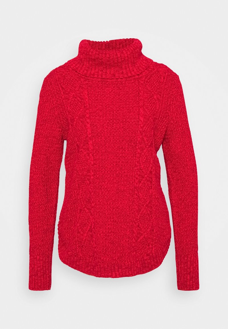 Rode gebreide trui met een hoge kraag, gebroken kabelpatroon aan de voorkant en geribde manchetten en zoom. Beschikt over een relaxte pasvorm.