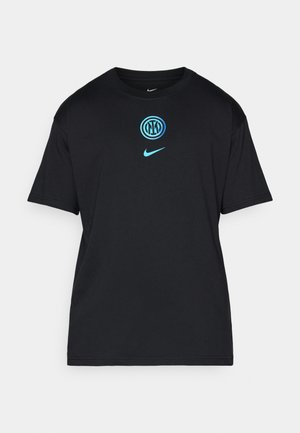 Black cotton T-shirt featuring a turquoise graphic logo at the center and a smaller Nike logo on the left chest. Short sleeves, relaxed fit.
