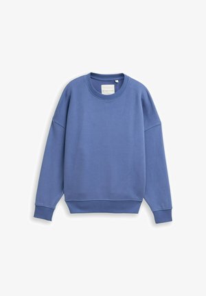 Blaue Sweatshirt mit Rundhalsausschnitt, überschnittenen Schultern, gerippten Bündchen und Saum. Hergestellt aus weichem Material, mit minimalem Branding innen.