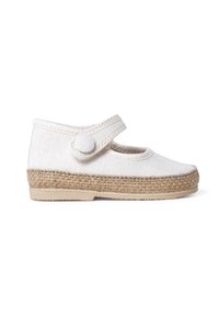 White canvas Mary Jane shoe with a round toe, adjustable strap, and woven jute midsole. Smooth texture and minimalist design.