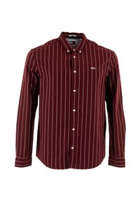 Camicia button-up bordeaux con strisce verticali bianche, colletto, maniche lunghe e un piccolo logo sul petto. Realizzata in tessuto di cotone.
