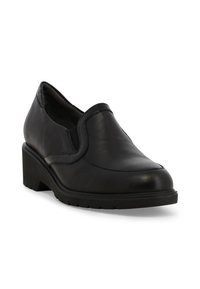 Scarpa slip-on in pelle nera con finitura liscia, punta arrotondata e tacco spesso nero. Presenta cuciture sottili e suola texturizzata.