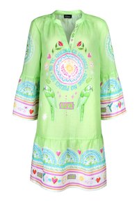 Grüne Leinen-Tunika mit drei Viertelärmeln, die bunte Blumen- und Vogelmuster, dekorative Bordüren und eine lockere Passform aufweist.