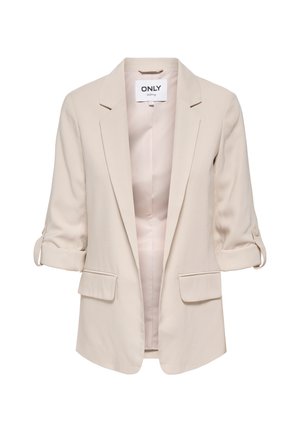 Blazer beige da donna con maniche arrotolate, colletto a revers con intaglio, due tasche frontali con pattina e design frontale aperto.