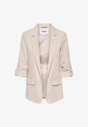 Blazer beige pour femme avec manches retroussées, col à revers cranté, deux poches à rabat à l'avant et design ouvert à l'avant.
