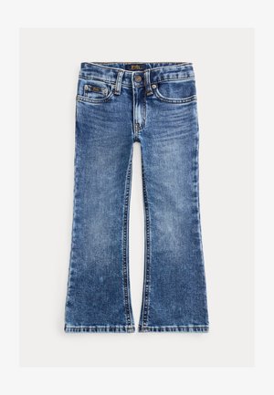 Jeans de ganga azuis com um design de perna ampla, bolsos frontais e uma cintura costurada. O tecido tem uma textura ligeiramente desbotada.