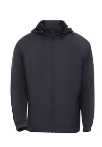Sort vandtæt jakke med hætte, fuld frontlynlås, elastiske manchetter og sidelommer. Lavet af let, glat stof.