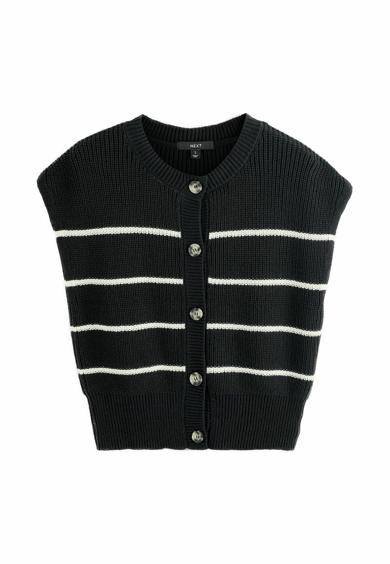 Crni pleteni kardigan s bijelim horizontalnim prugama, kratkih rukava, s kopčanjem na prednjoj strani i rebrastim rubovima. Sadrži pet okruglih gumba.