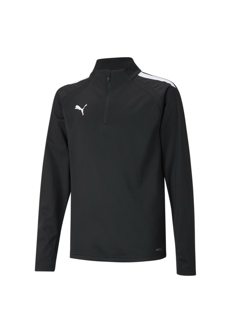 Pullover nero a maniche lunghe con zip a quarto di pollice, con accenti bianchi sulle spalle e un piccolo logo bianco sul petto.