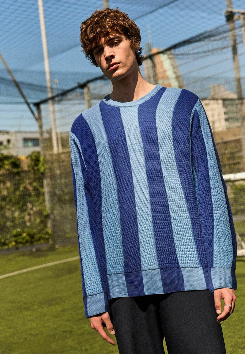 Blauer gestreifter Pullover mit strukturiertem Muster, das abwechselnd helle und dunkle blaue Streifen zeigt, mit gerippten Bündchen und einem Rundhalsausschnitt.