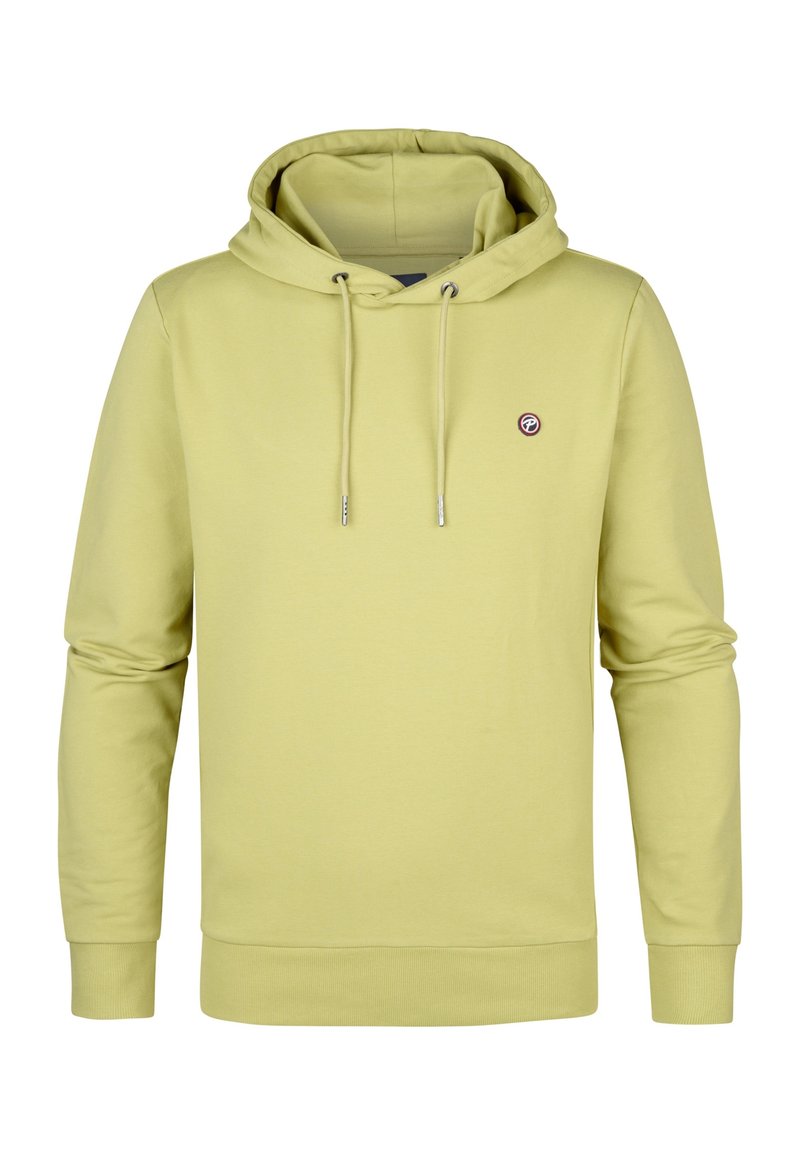 Lichtgele hoodie met een trekkoordkap, ribgebreide manchetten en zoom, uitgerust met een klein logo-opdruk op de borst. Soepele stoftextuur.