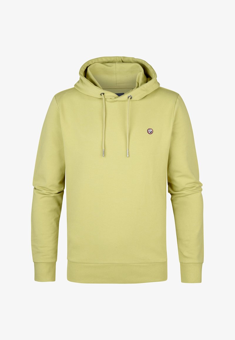 Lichtgele hoodie met een trekkoordkap, ribgebreide manchetten en zoom, uitgerust met een klein logo-opdruk op de borst. Soepele stoftextuur.