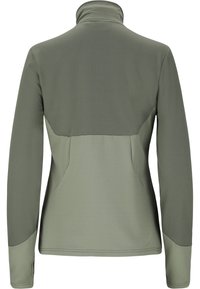 Fleecejacke in Olivgrün mit hohem Kragen, langen Ärmeln und einem strukturierten Stoff mit einem glatten unteren Einsatz.