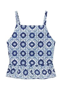 Modrý kvetinový crop top s nastaviteľnými ramienkami, peplum lemom a jemnou textúrou. Prevaha modro-bielej farebnej schémy.