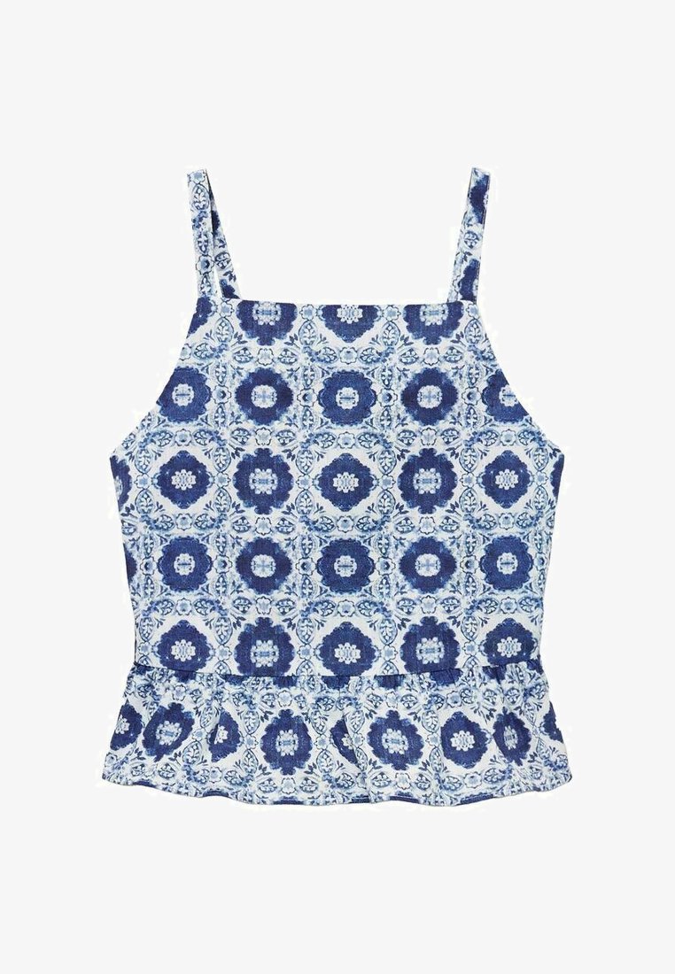 Blue floral-patterned crop top with adjustable straps, peplum hem, and soft fabric texture. Predominantly blue and white color scheme.