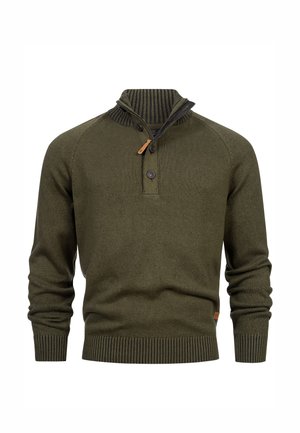 Olijfgroen pullover trui met een ritskraag, twee knopen en ribgebreide manchetten. Gelaagd breiwerk met een contrasterend kraagpatroon.