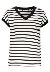 Camiseta de rayas blancas y negras con mangas cortas y escote en forma de V. Fabricada con un material suave y con un ribete negro en contraste en las mangas y el cuello.