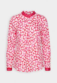 Camicia a maniche lunghe di un rosa chiaro con macchie irregolari rosse e bianche. Presenta un colletto con bordi rossi e chiusura con bottoni. Tessuto morbido.