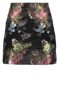 Svart satin kjol med ett blommönster i guld, röd, blå och grön. Slät textur med intrikata broderidetaljer genomgående.